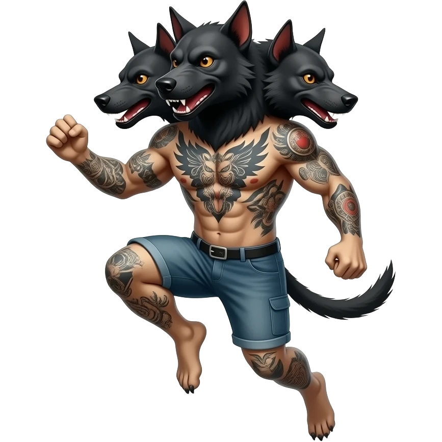 cinematic - cerberus, a three-headed creepy black hellhound in a jump, in smoke, tattooed emoji