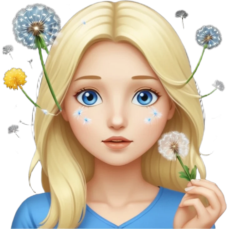 portrait woman long blonde hair blue eyes white skin blowing glowing dandelion seeds emoji