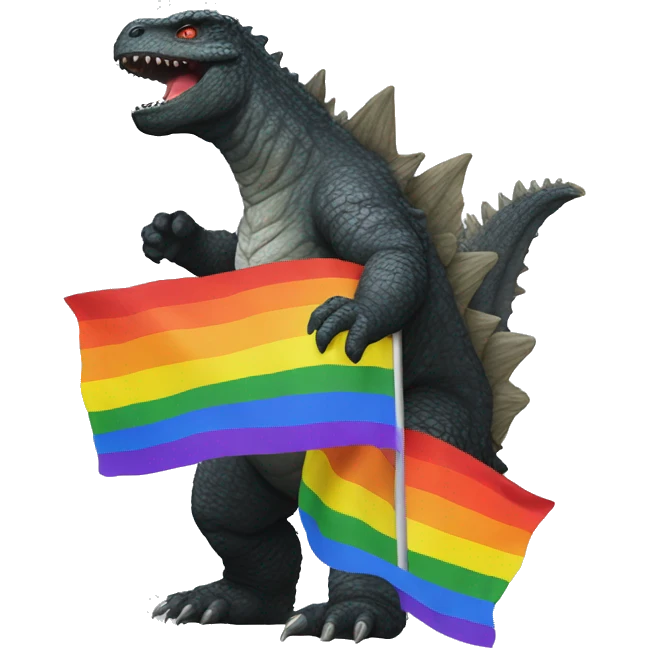 Godzilla playing with a rainbow flag emoji