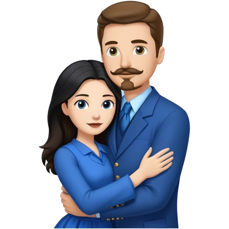 tall white man with brown hair goatee mustache hugging a pale woman with long black hair, wearing blue formal clothing emoji