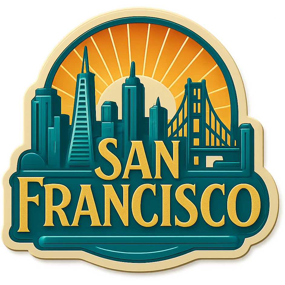 San Francisco logo in retro art deco style, with stylized city skyline, sunburst patterns, and elegant typography, using gold and teal accents emoji