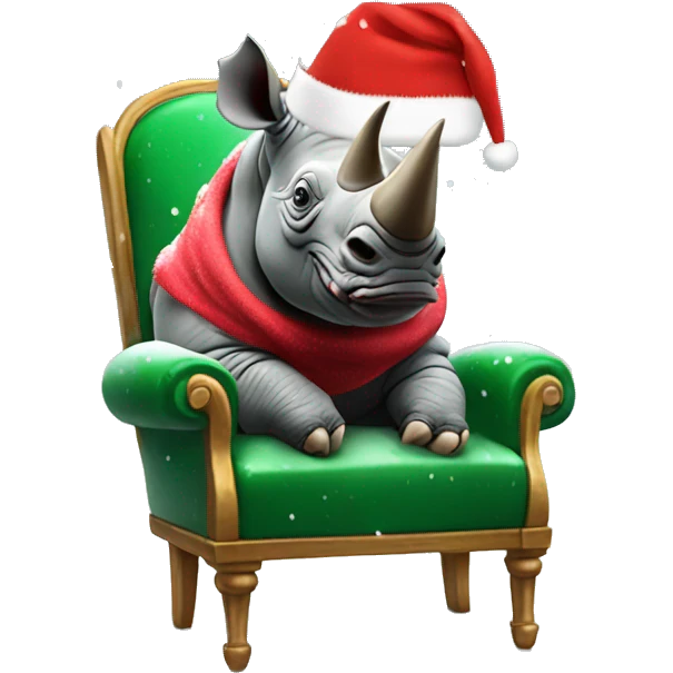 Rhino on a chair with Christmas hat and glasses while snowing  emoji