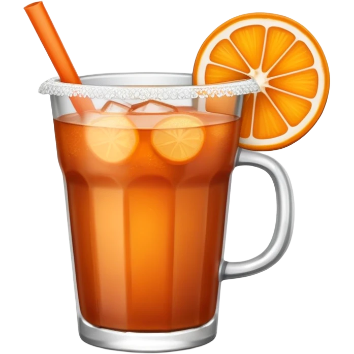 vaso de michelada, liquido rojizo, banderilla de tamarindo y rodaja de naranja sobre el vaso emoji