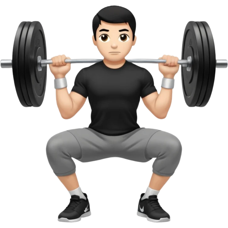 Hombre de cabello negro, tez moreno claro, vestido con playera negra, pants gris y tenis blancos tipo jordan haciendo sentadilla libre con barra con un disco de 20 kilos por lado visto de perfil  emoji