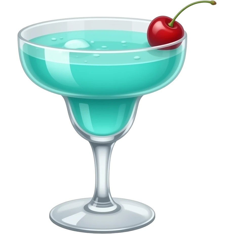 #A0F4F4 color cocktail in margarita glass with a single small cherry on top, cleann and calm surface with no splashes or any bubbles emoji
