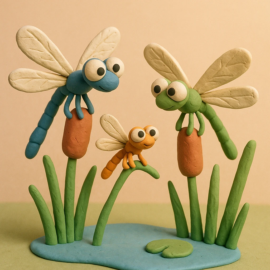 claymation style dragonfly family resting on reeds by a pond, parents and baby dragonflies, pastel background emoji