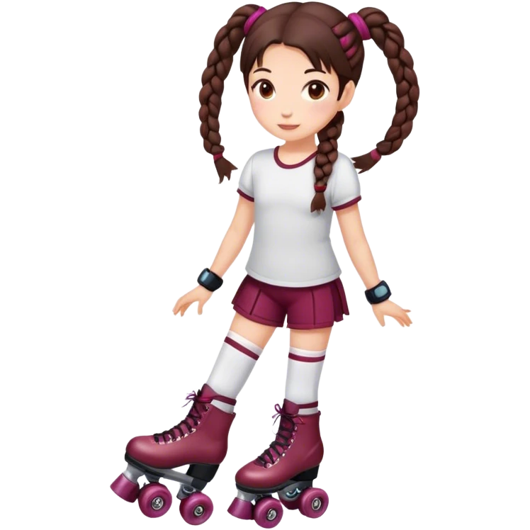 Cute girl, brunette with two braids, burgundy rollerskates emoji