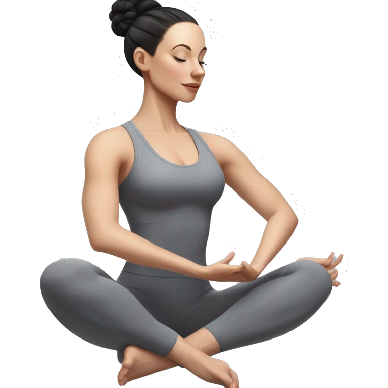 Pale skinned fit woman In a gray tight yoga suit and wristbands With black hair in a bun doing yoga emoji