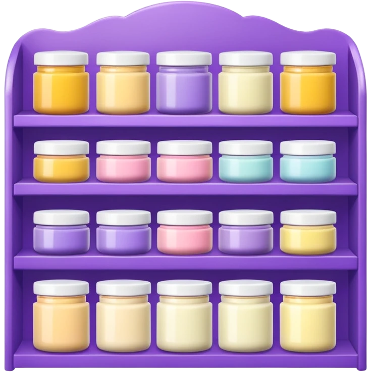 Japanese brand creams displayed on a purple storage shelf, arranged with horizontal variation and vertical consistency. emoji
