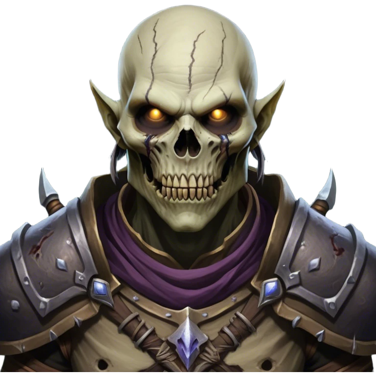 Cinematic Realistic WoW Undead Warrior Portrait, head tilted epicly and inquisitively, showcasing grim resilience and defiant strength. His withered, pallid skin and intense, glowing eyes contrast starkly with his worn, earth-toned clothes, rendered in meticulous detail. With dynamic, high-contrast lighting and high shine, this portrait exudes an epic aura, capturing the relentless will of a battle-hardened undead warrior. emoji
