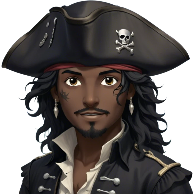 A charismatic pirate with wavy black hair that falls just past his shoulders, tousled slightly by the sea breeze. He wears a black tricorn hat with subtle silver embroidery along the edges, casting a shadow over his sharp, confident features. His piercing dark eyes glint with mischief as he gazes to the side, a knowing smile playing at his lips. His well-fitted black coat, adorned with polished silver buttons and intricate stitching, moves slightly with the wind, revealing glimpses of a deep-crimson waistcoat underneath. A silver chain dangles from his belt, catching the dim golden light of the setting sun. His posture is relaxed yet assured, exuding effortless charm as if he owns the sea itself. emoji
