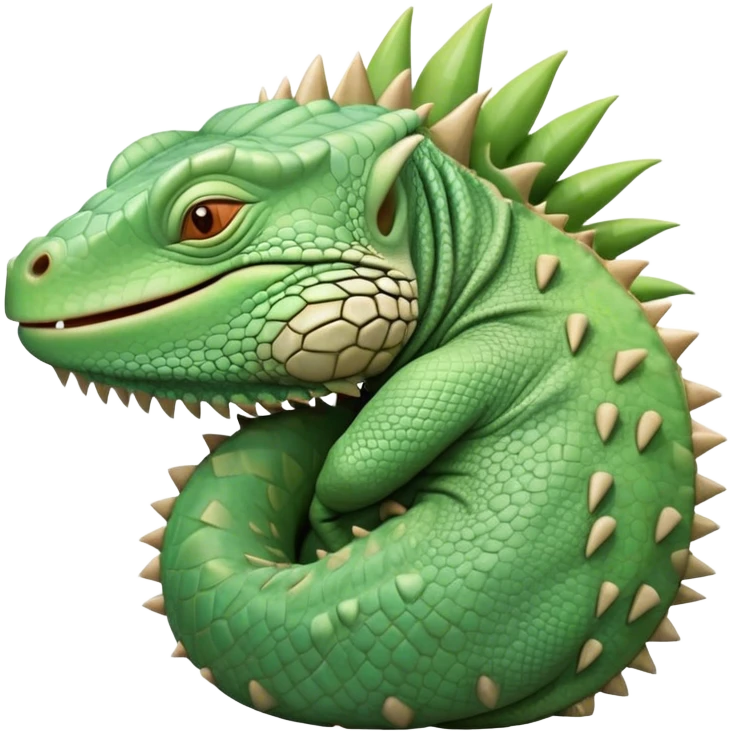 Meme-Worthy Cute Sleeping Iguana Portrait Emoji, Head resting peacefully with a contented smile, showcasing a solid, textured body with a subdued spiky crest and eyes gently closed in serene slumber, Simplified yet adorably endearing features, highly detailed, glowing with a soft, drowsy jungle light, high shine, relaxed and utterly lovable, stylized with an air of playful laziness, soft glowing outline, capturing the essence of a sleeping iguana that feels destined to become the next viral icon of adorable rest! emoji