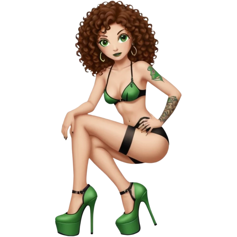 Half naked green eyes brown curly hair woman, Lilith gangland boss style with 7 inch platform stripper high heels emoji