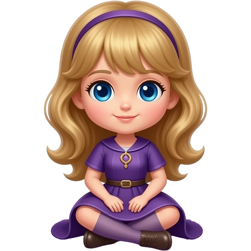 Annabelle doll emoji, sitting in a glowing purple ritual circle with floating wisps of magic, 3D Apple emoji style, high gloss, white background." emoji
