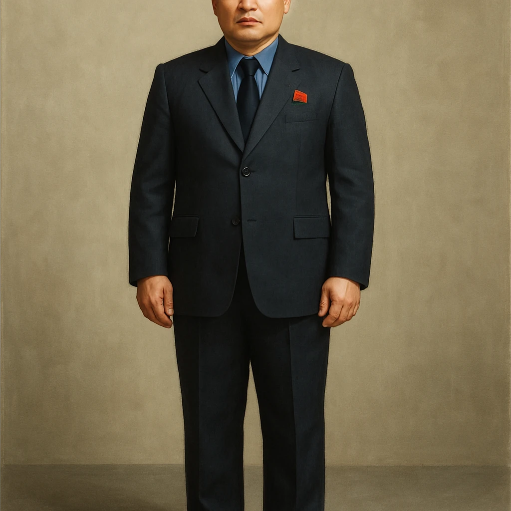 Official portrait of a North Korean man, head of the hull production workshop at a shipyard, serious and formal style, dark suit, neutral background, confident and focused expression, style inspired by Soviet and North Korean official portraits, full body, not cropped, head not cut off, head and feet fully in frame, variation 3 emoji