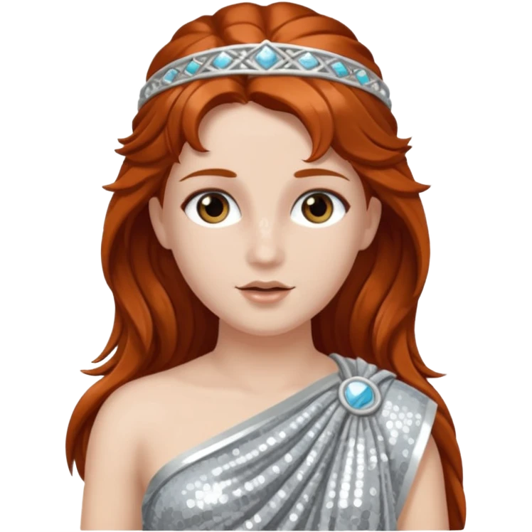 Diana from Roman Deities with long auburn hair, silver sequin toga emoji
