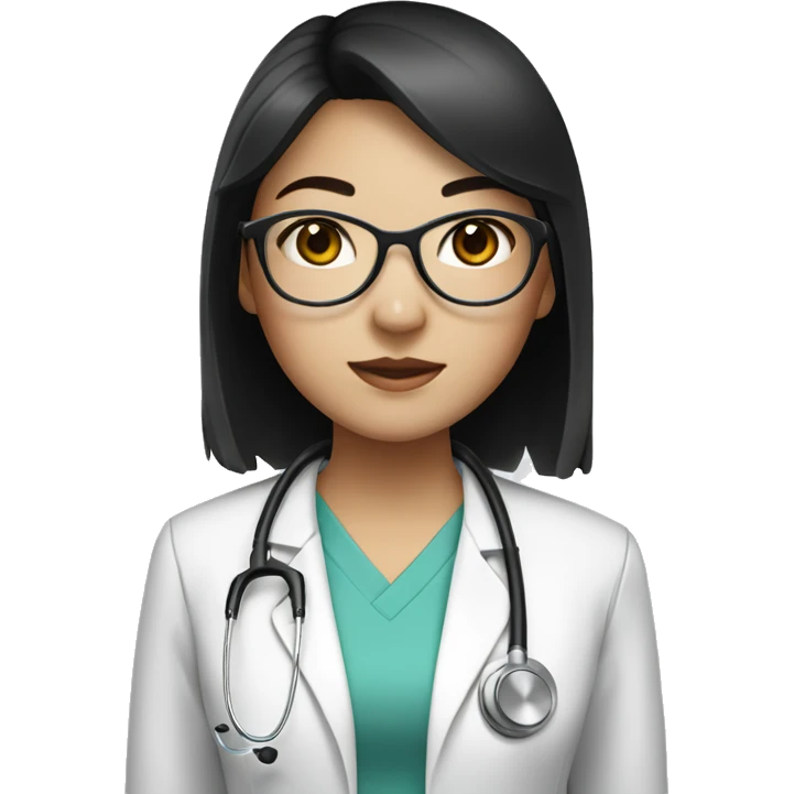 Asian girl, with white skin tone, black hair, wearing silver round circle glasses and a white scrub and a stethoscope  emoji