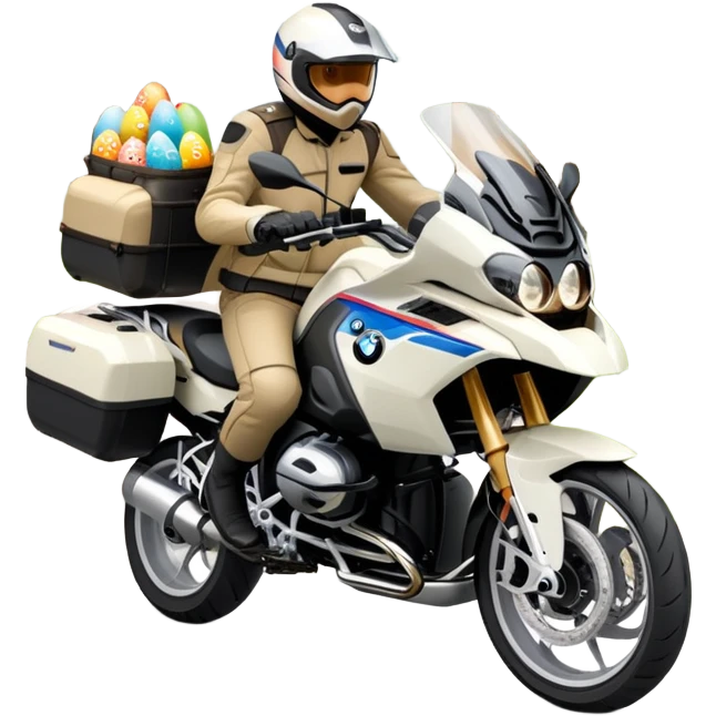 BMW RT1200 LC touring motorcycle with rider on open road in a forest with easter eggs emoji