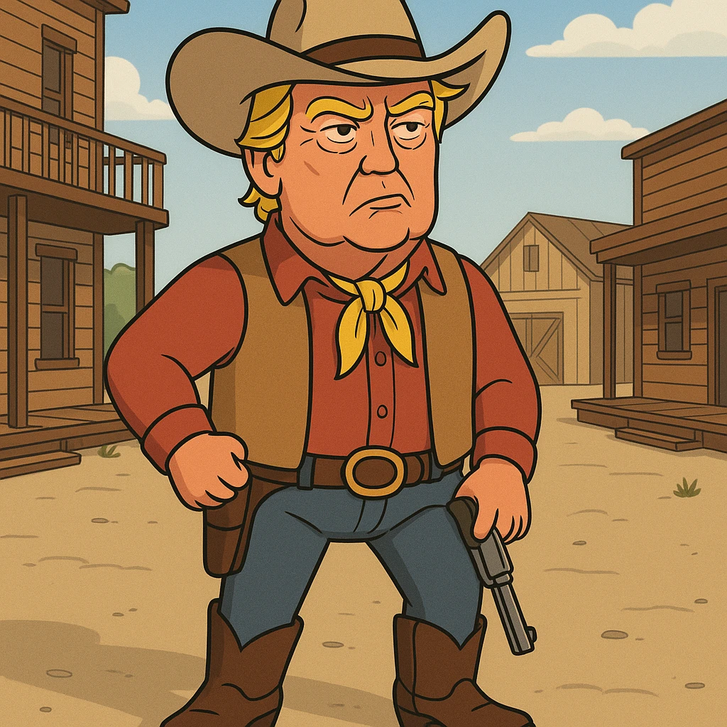 Donald Trump dressed as a cowboy, wearing a cowboy hat and boots, in a western setting, detailed facial features, vibrant colors, cartoon style emoji