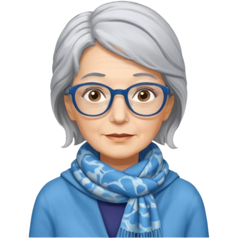 Older woman, shoulder length gray hair, wearing a scarf tied behind head, marbled blue rectangular glasses  emoji