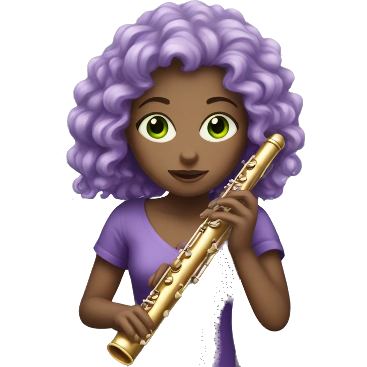 Pale Girl with purple curly hair and green eyes playing flute emoji