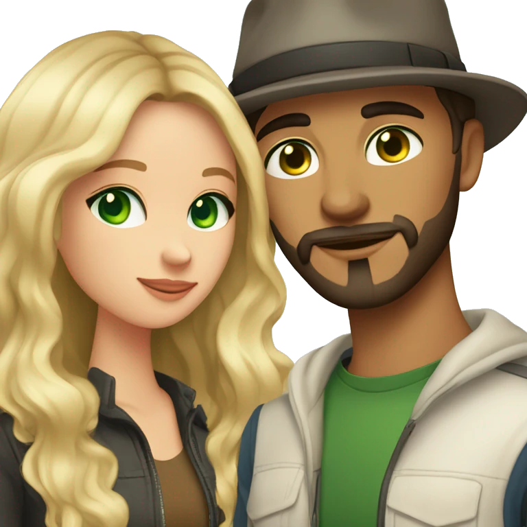 boyfriend and girlfriend. Boyfriend has wavy dark hair a beard and wears a hat with green eyes. Girlfriend has long balayage blonde hair and blue eyes.  emoji