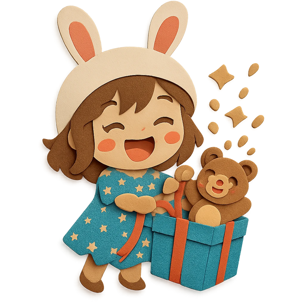 Change the girl's clothes to a beautiful design dress, keep all other elements the same (bunny hat, magical glitter gift box, laughing teddy bear, full body, clean and polished, no imperfections) emoji