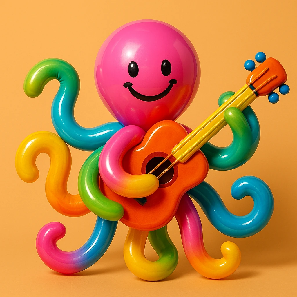 happy octopus with multiple arms playing guitar emoji