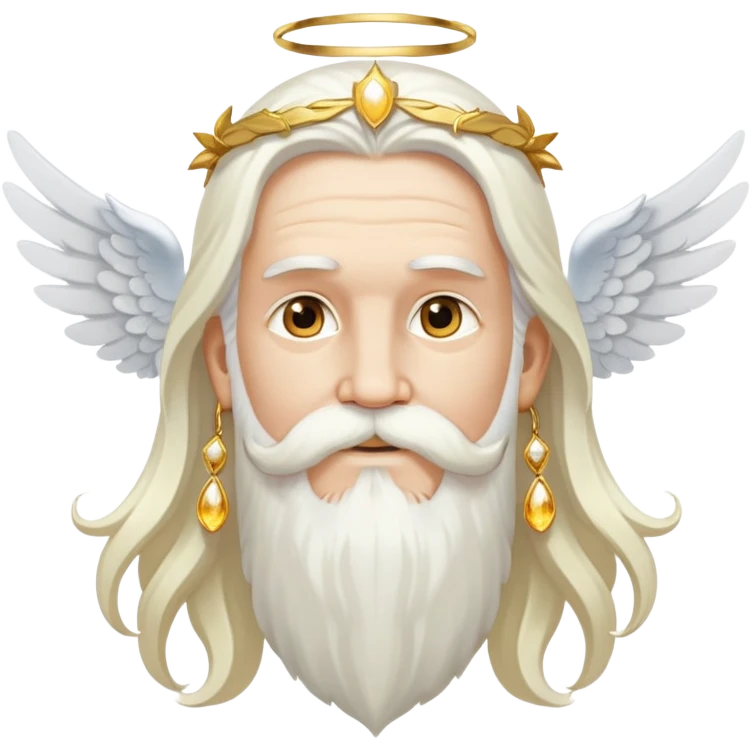 Wise deity with white angel wings, long white hair, beard and mustache, wearing gold drop earrings, heavenly appearance emoji