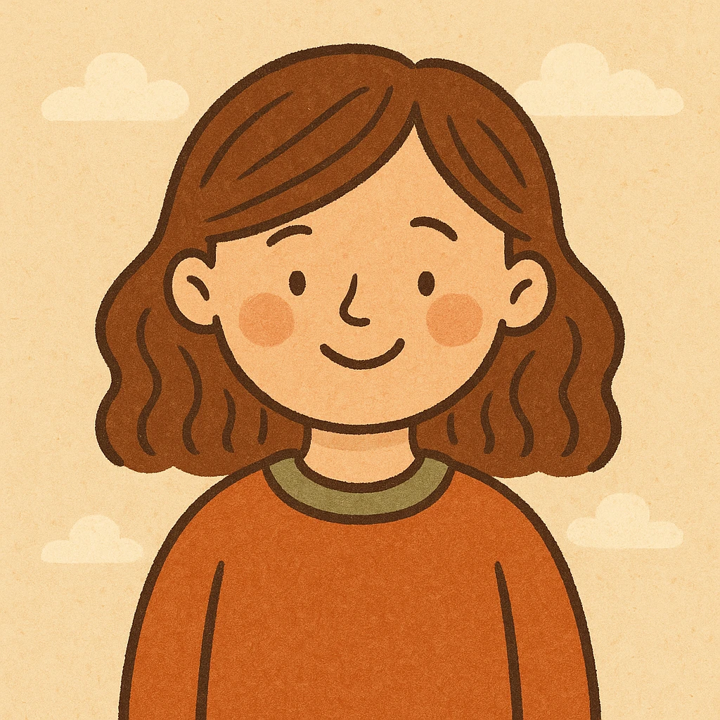 a girl with brown hair, friendly expression, simple background, flat warm colors style, modern illustration emoji
