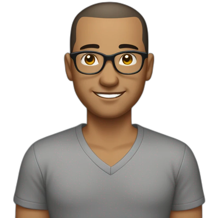 Late 30s man with buzz cut salt and pepper dark hair, thick frame glasses, with a round face and broad smile, medium nose, dark eyes, wearing a v-neck t-shirt emoji