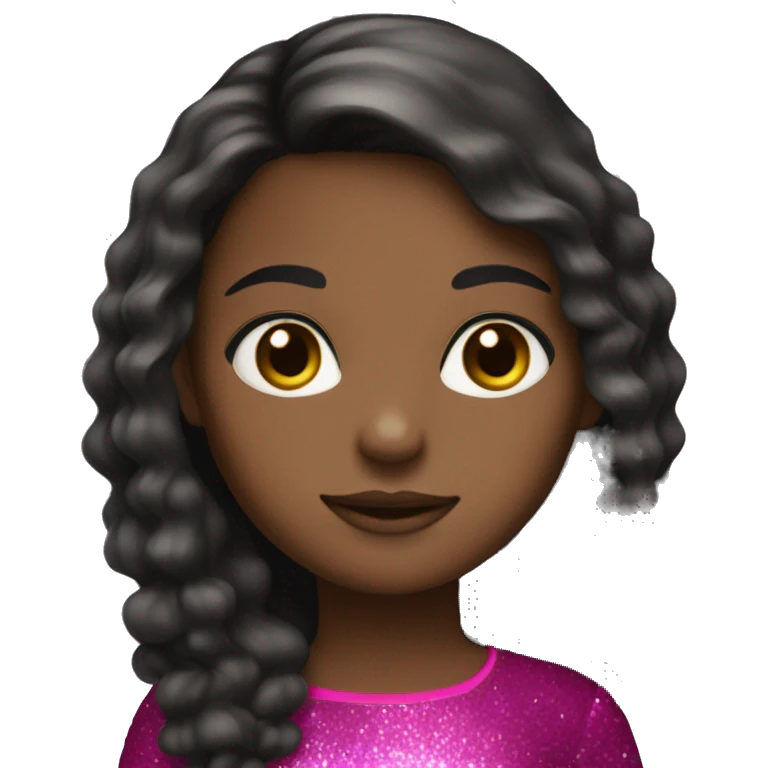 A girl with long hair black,fucsia dress,brown eyes,glitter emoji