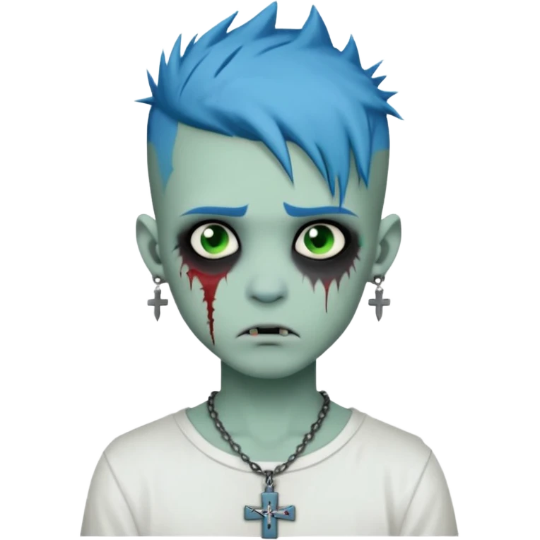 zombie boy with spiky emo blue hair and white shirt , tattos, a risk on the eyebrow, earings,  a necklace with a cross, green skin emoji  emoji