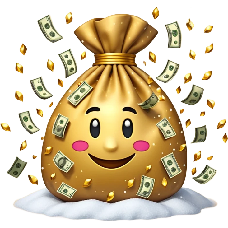 3D emoji style, money bag with dollar bills, New Year theme, snow particles, festive lighting, rich vibe, high detail, transparent background

 emoji