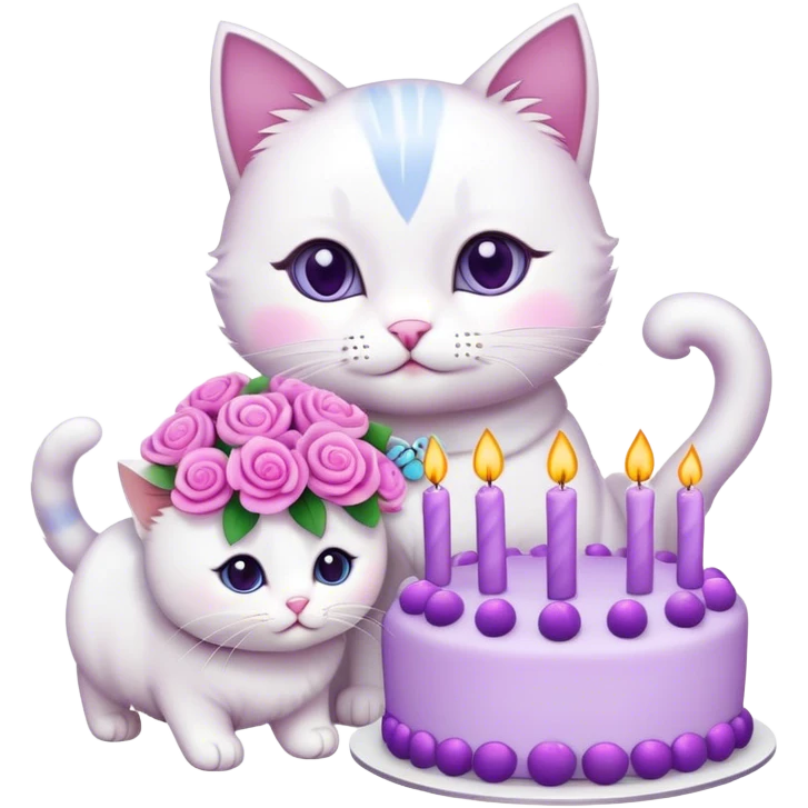 Pink and purple flower bouquet next to a cute cat and a cute cake emoji