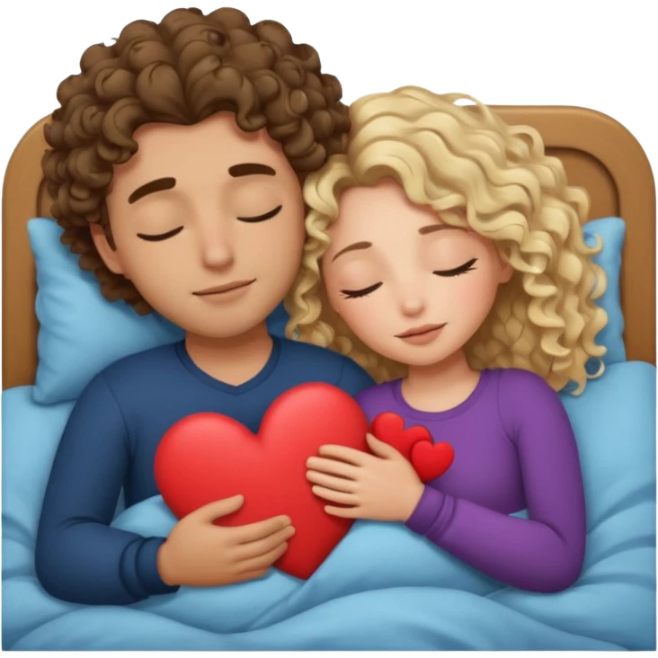 cuddling in bed, asleep. wavy haired blonde girl. man with curly,  dark brown hair. eyes closed. heart between them. no headboard emoji