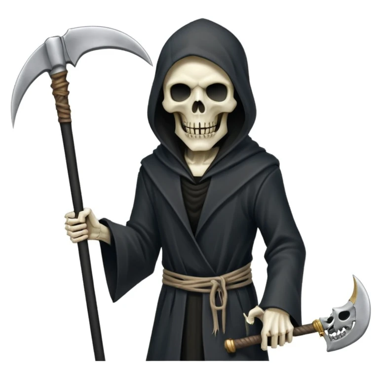 iPhone emoji style terrifying Grim Reaper with half-skeleton half-zombie face (no slime), holding a single scythe in left hand, 100 dollar bills integrated but character remains central and ominous, white background emoji