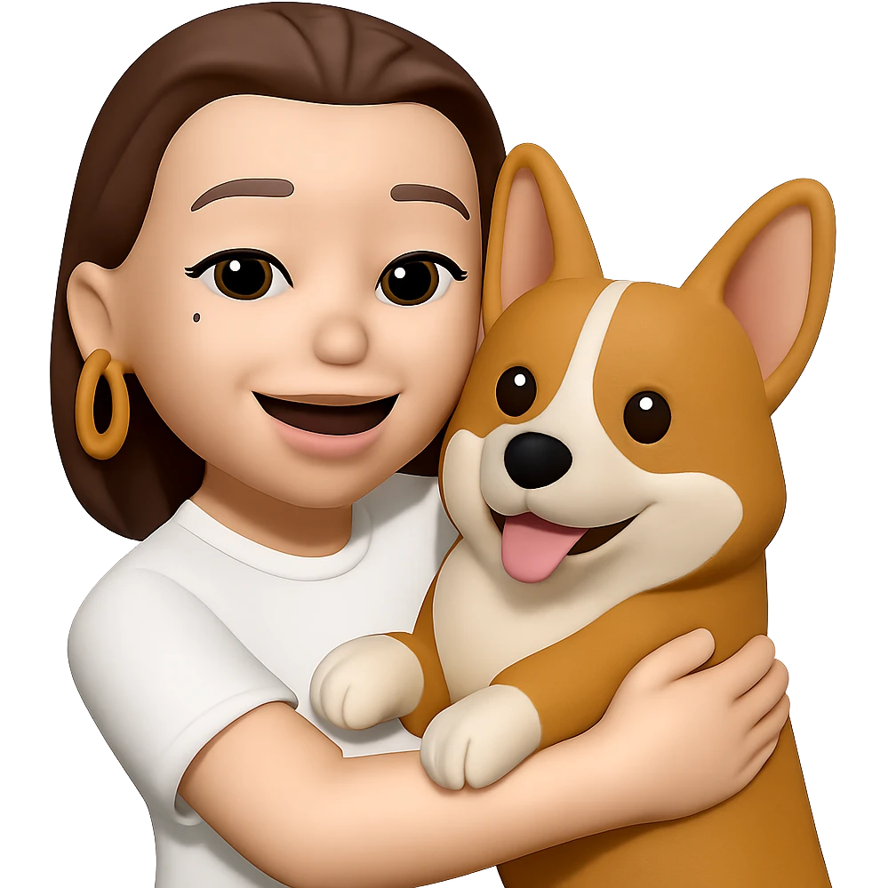 make the golden ring earrings twice as big while she is wearing a white t-shirt and hugging a corgi dog, keep the same style emoji