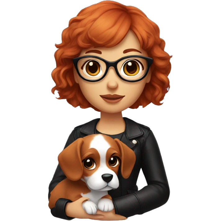 red-haired girl with bangs and short hair and black glasses leather holding a Cavalier puppy emoji