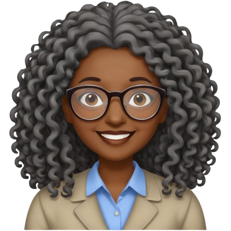 smiling dark older black woman wearing glasses with lots of long curly gray hair a emoji