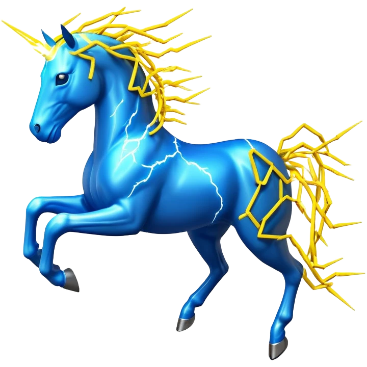 3D yellow electric horse made of lightning bolts, yellow electric wires, blue electricity sparks, dynamic running pose emoji