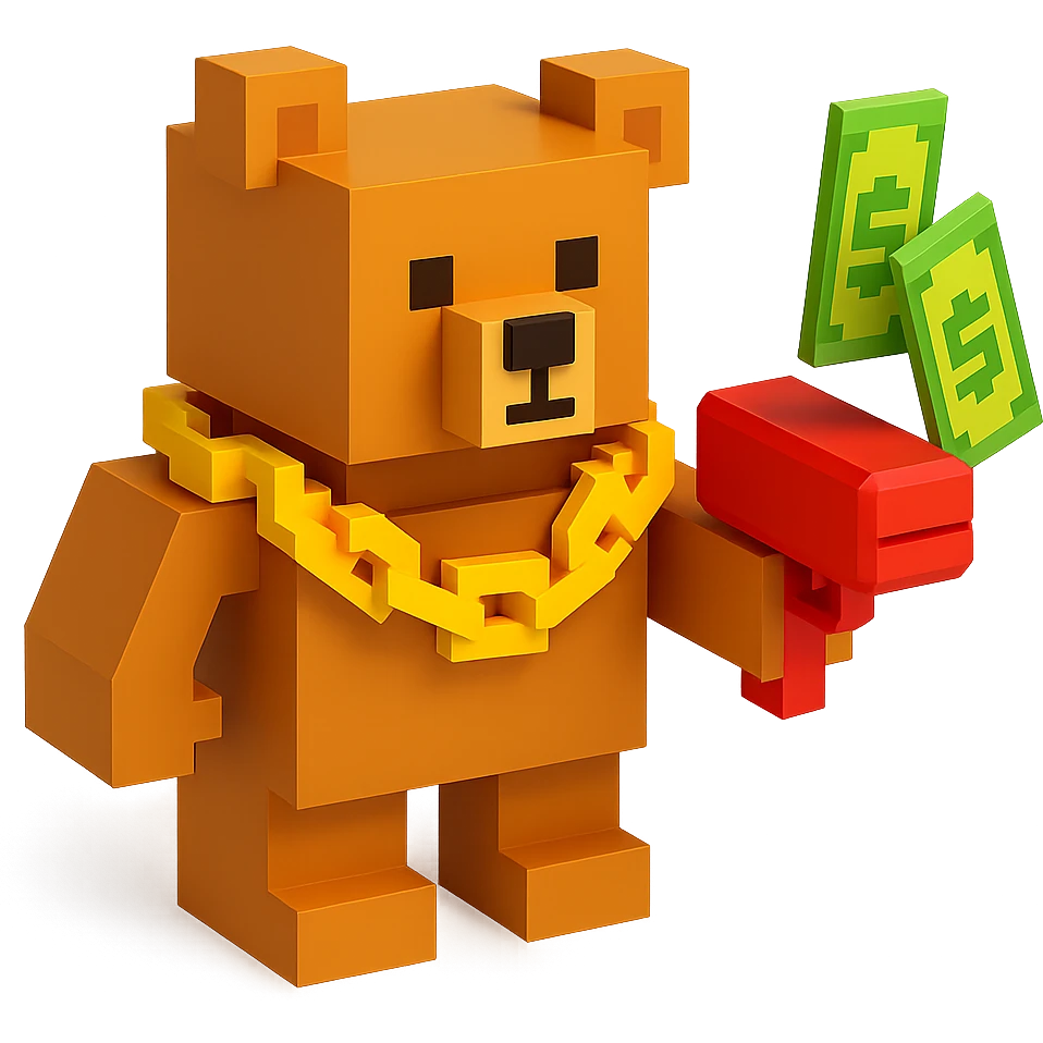 A grizzly bear with a chain and a money gun, voxel style, facing forward emoji