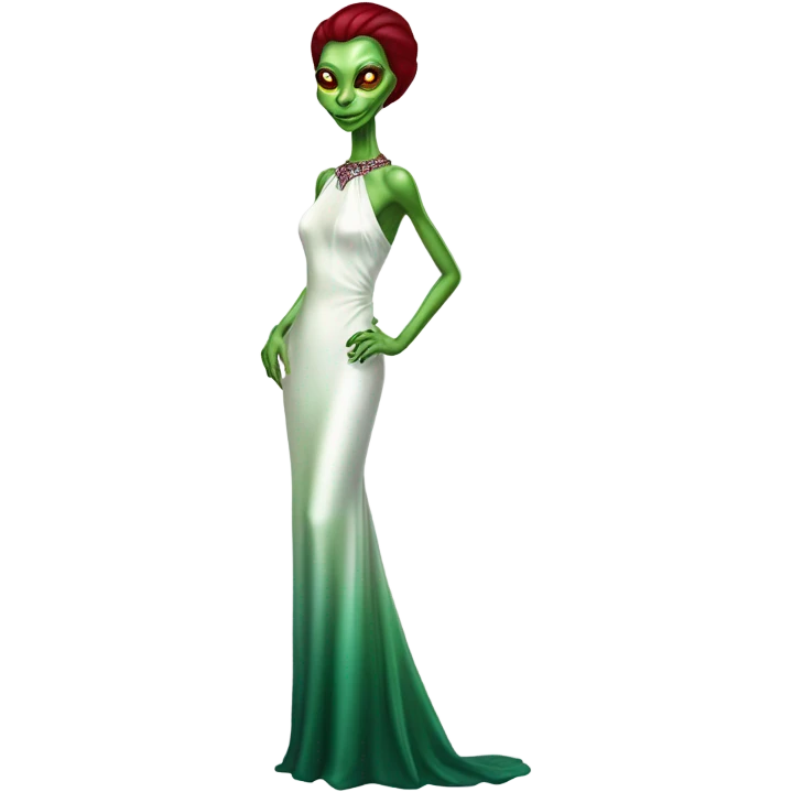 reptilian green alien woman, in( long slim pastel color:#FFFFFF formal party satin dress with gradient shiny sparkling dark red), full figure, full body emoji