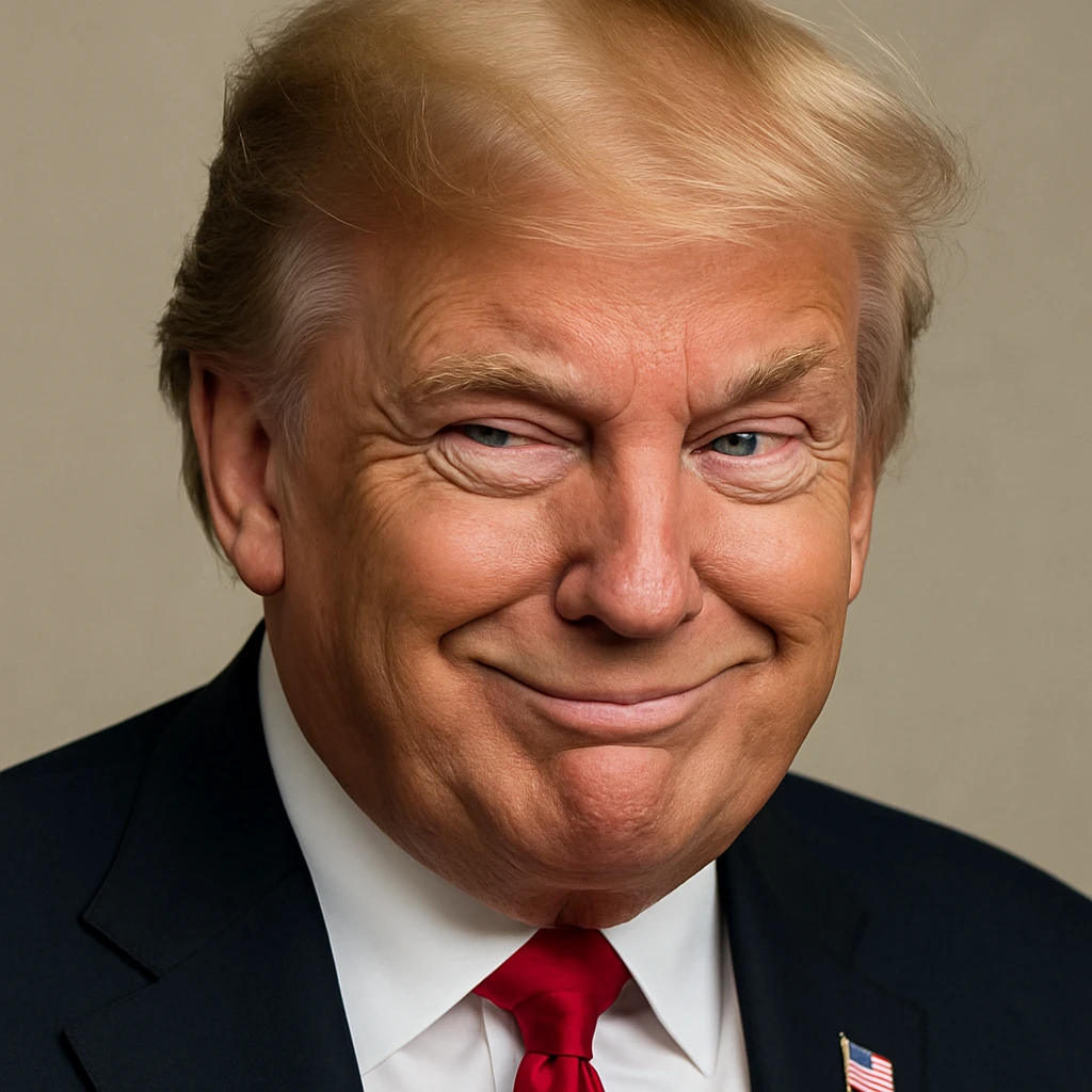 Enhance photorealism and vividness even further, keeping the very sly, cunning expression on Donald Trump's face, plain background, and a polished, high-quality finish in photorealistic style. emoji