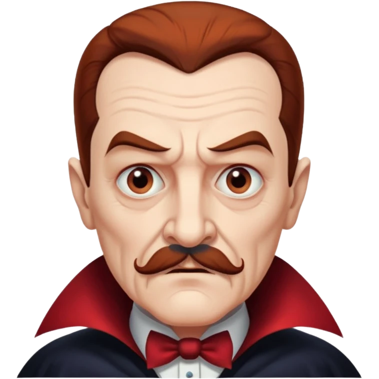 An elderly man with slicked-back reddish-brown hair, sharp brown eyes under heavy brows, and a white mustache, giving him a stern, Dracula-like appearance.  emoji