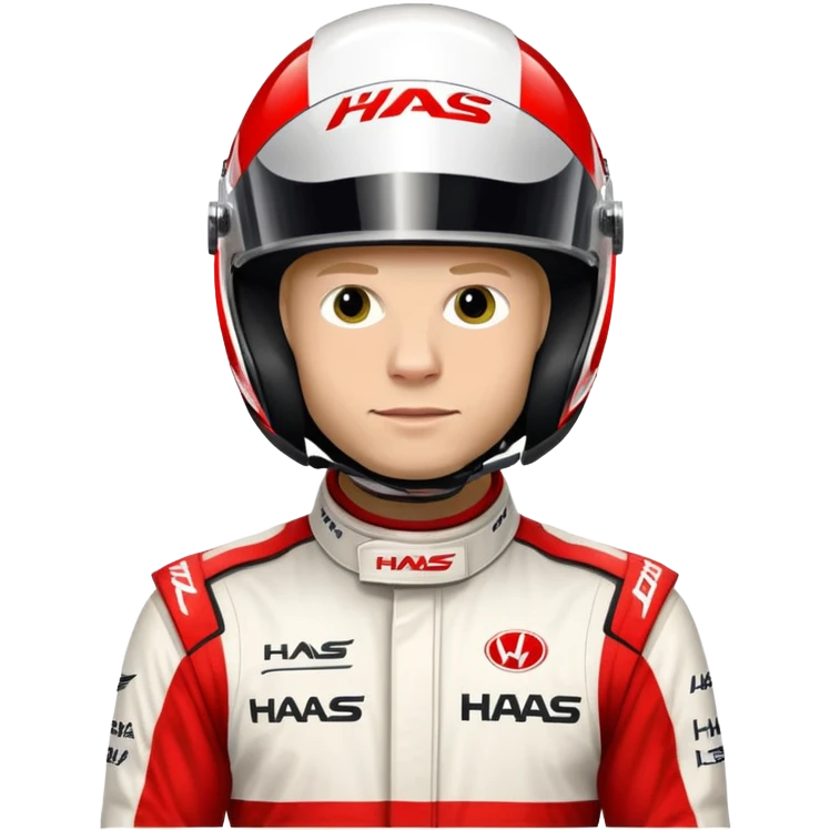 Kevin Magnussen, Formula 1 driver for Haas team, wearing white and red Haas racing suit and helmet emoji
