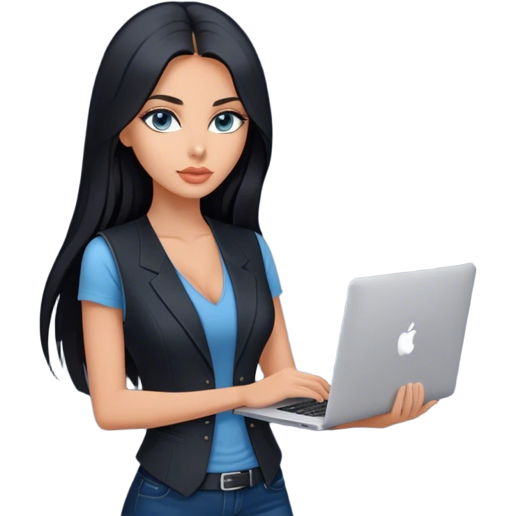 Glamours tanned very beautiful girl with pump peach nude lips and black straight smooth long hair, blue-grey eyes in beautiful black  v-neck vest from the suit (short sleeves) no blazer and no anything under the vest, only vest with MacBook emoji