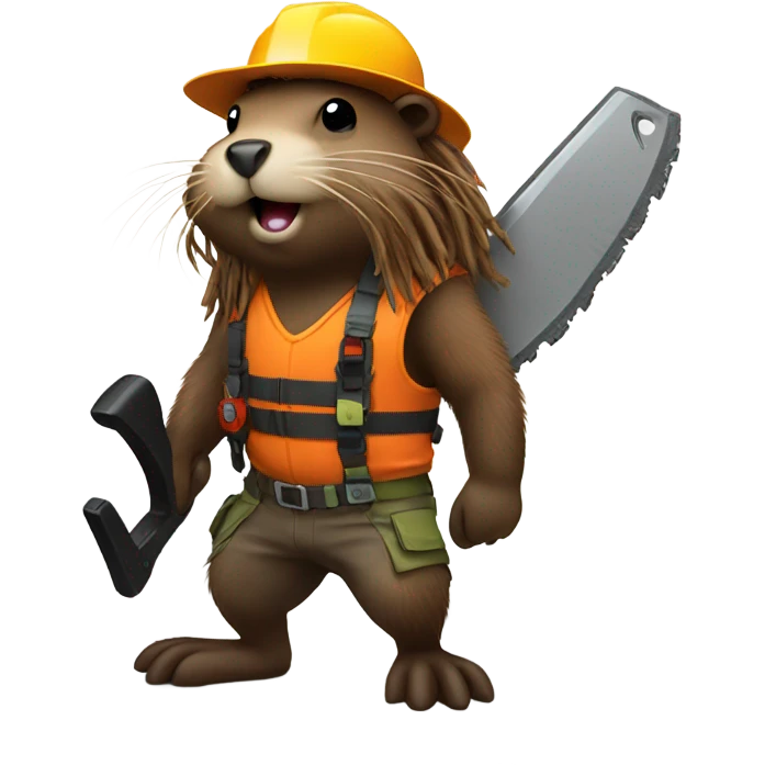 Beaver with dreadlocks in climbing gear with a chainsaw  emoji