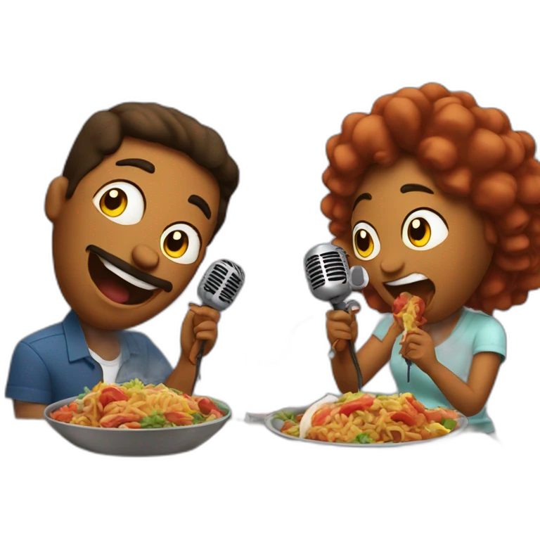 Two people singing into mics while eating a Cajun dinner emoji
