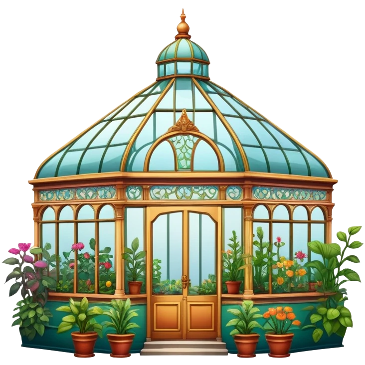 Outside view of an aesthetically pleasing, vintage, maximalist greenhouse emoji